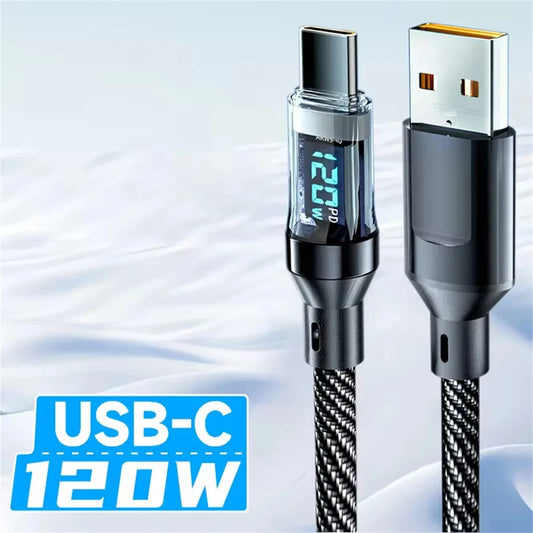 120W Fast Charging USB Type C Cable with LED Display for OPPO, VIVO, and Huawei - Quick Charge Data Cord